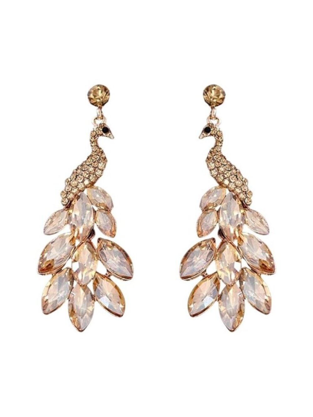 Vintage Peacock Dangle Earrings | 14K Gold Plated Green Crystal Feather Statemen